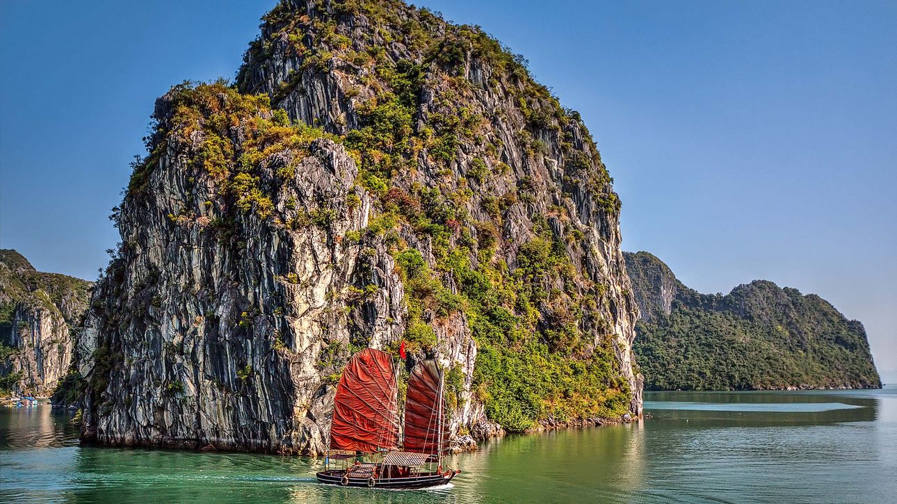 Traditional ships sailing in Halong Bay, Vietnam